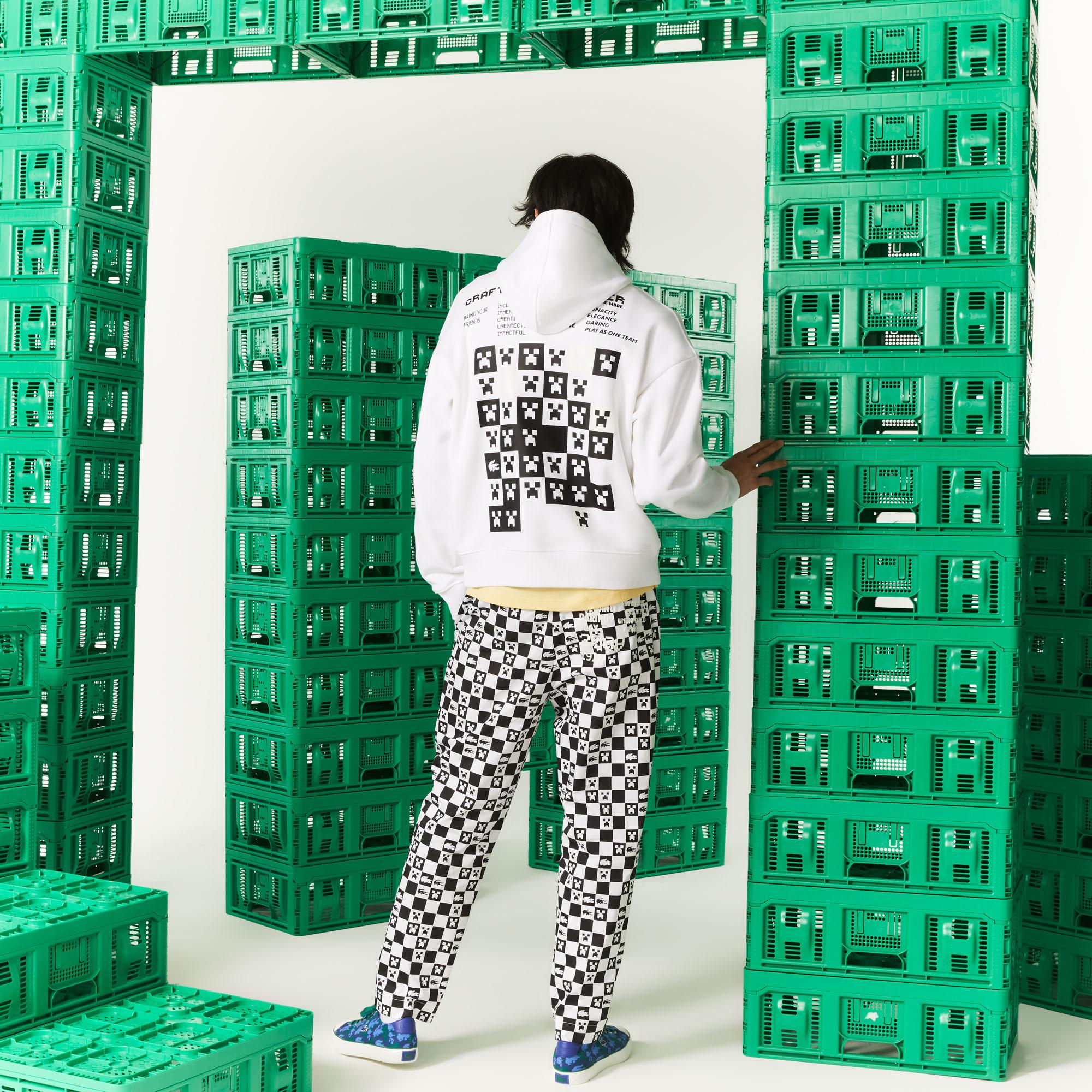Lacoste X Minecraft Erkek Relaxed Fit Kapüşonlu Baskılı Beyaz Sweatshirt