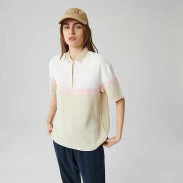  Lacoste Kadın Relaxed Fit Kısa Kollu Yarım Fermuarlı Renk Bloklu Bej Bluz