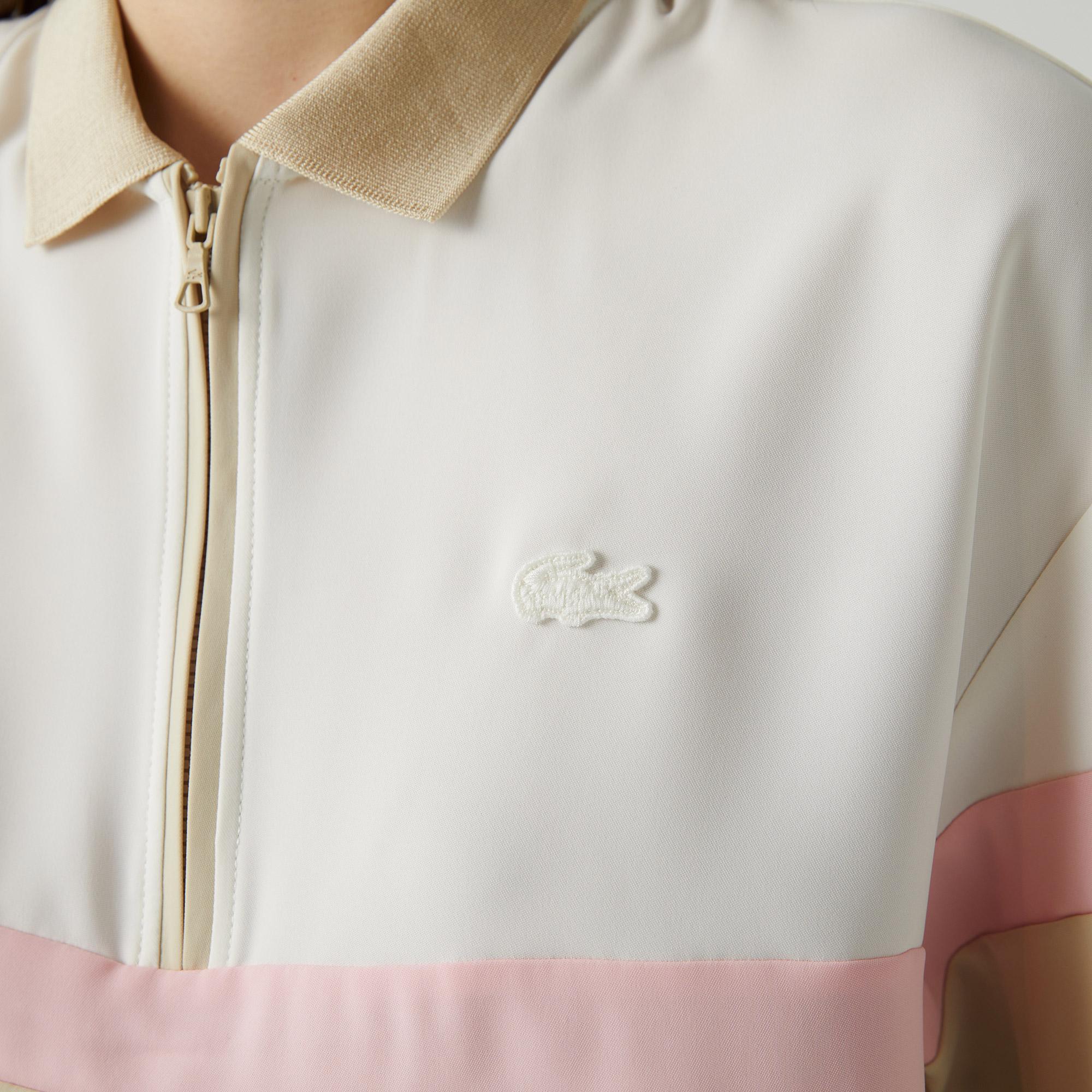 Lacoste Kadın Relaxed Fit Kısa Kollu Yarım Fermuarlı Renk Bloklu Bej Bluz
