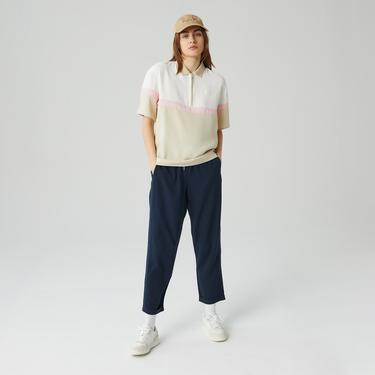  Lacoste Kadın Relaxed Fit Kısa Kollu Yarım Fermuarlı Renk Bloklu Bej Bluz