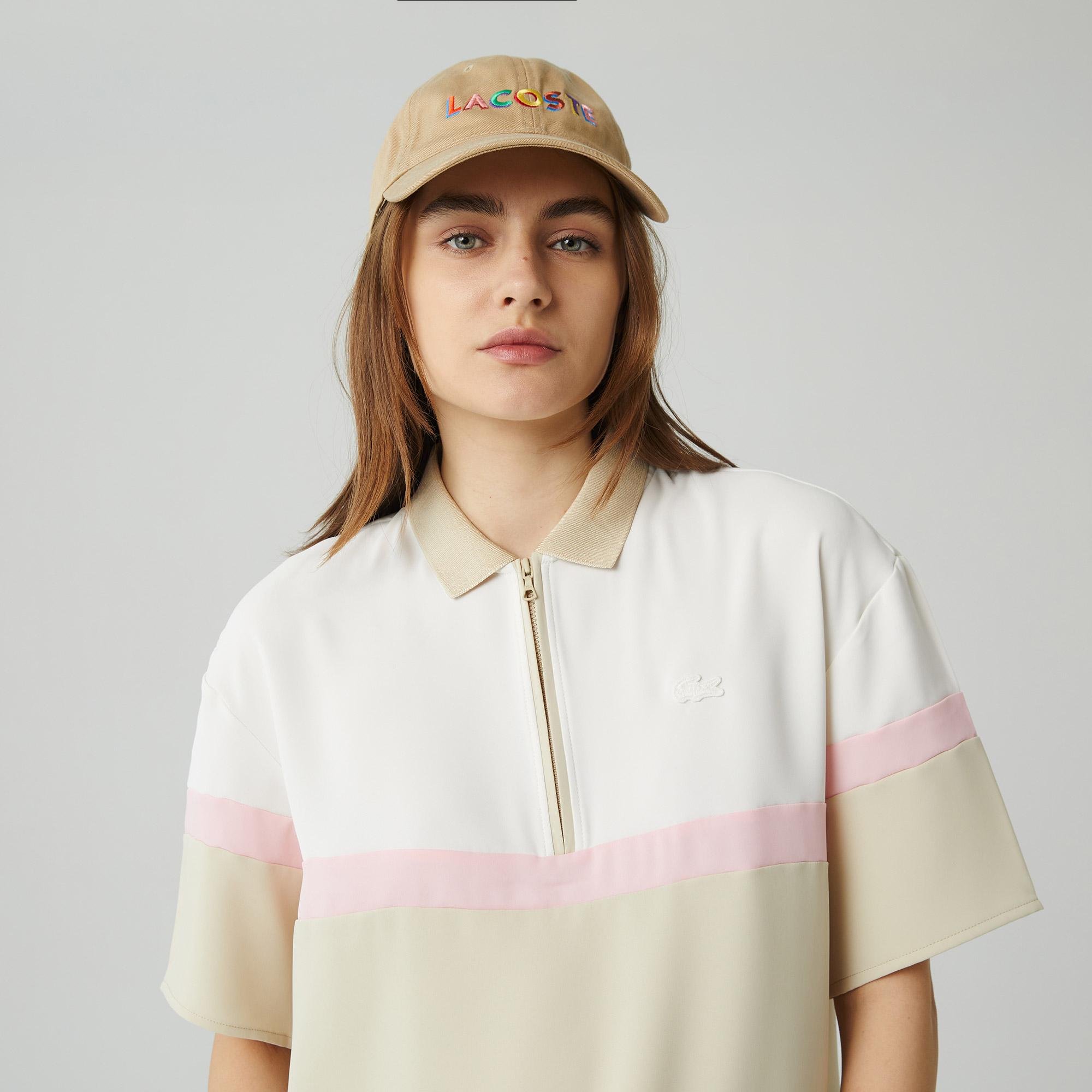 Lacoste Kadın Relaxed Fit Kısa Kollu Yarım Fermuarlı Renk Bloklu Bej Bluz