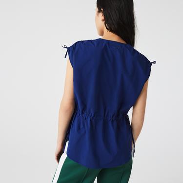  Lacoste Kadın Relaxed Fit Kısa Kollu V Yaka Lacivert Gömlek