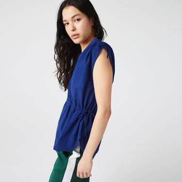  Lacoste Kadın Relaxed Fit Kısa Kollu V Yaka Lacivert Gömlek