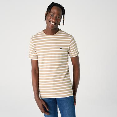  Lacoste Erkek Slim Fit Bisiklet Yaka Çizgili Kahverengi T-Shirt