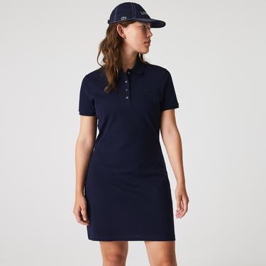  Kadın Slim Fit Kısa Kollu Polo Yaka Lacivert Elbise