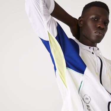  Lacoste SPORT Erkek Kapüşonlu Suya Dayanıklı Renk Bloklu Beyaz Ceket