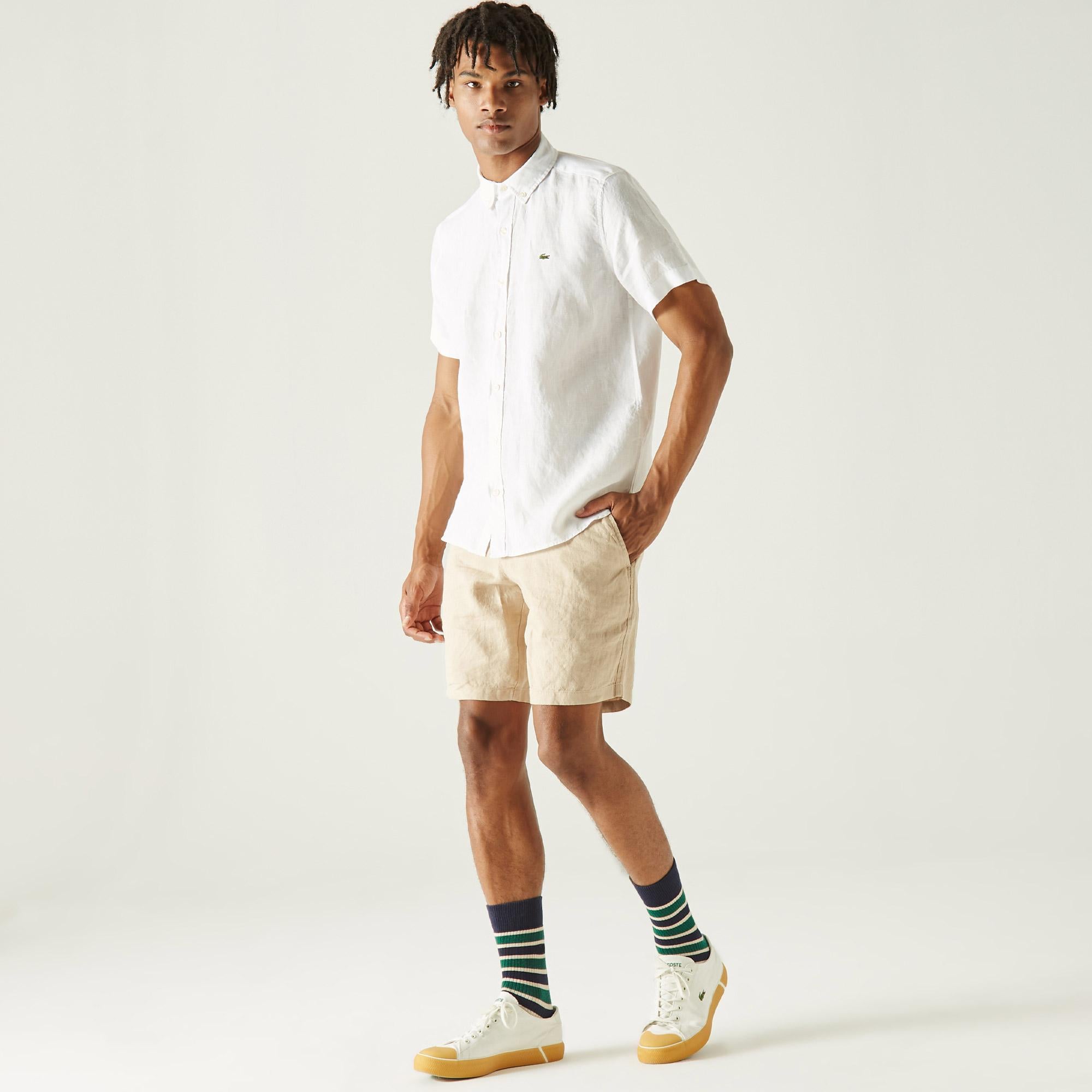 Lacoste Erkek Slim Fit Keten Bej Bermuda