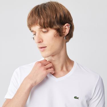  Lacoste Erkek Slim Fit V Yaka Beyaz T-Shirt