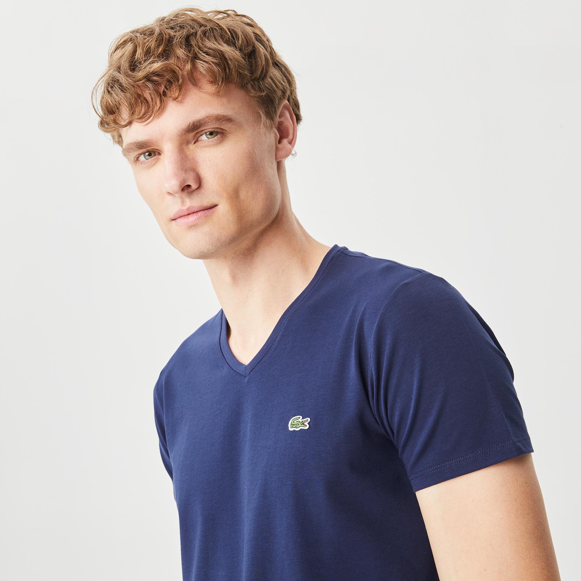 Lacoste V Yaka Lacivert T-Shirt