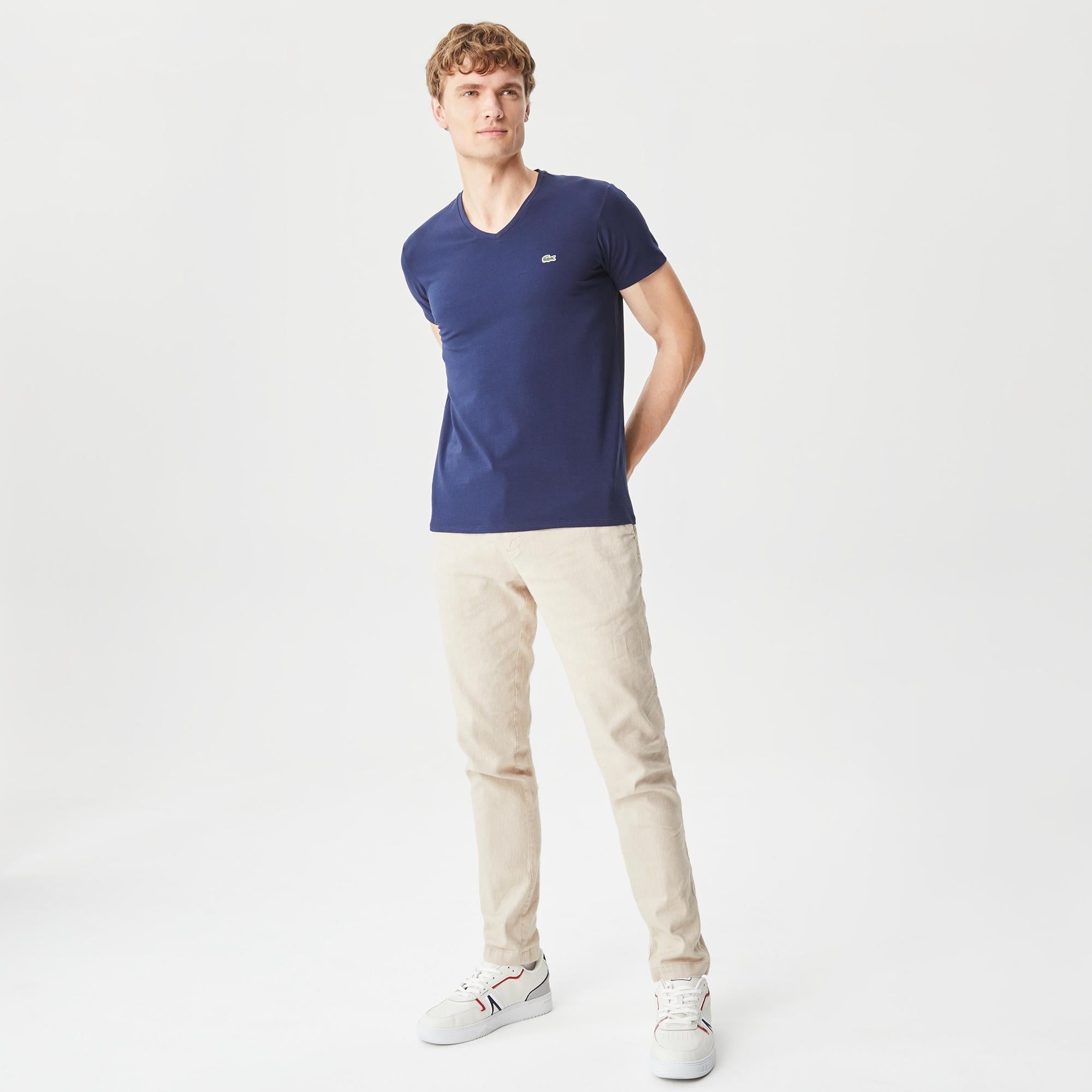 Lacoste Erkek Slim Fit V Yaka Lacivert T-Shirt