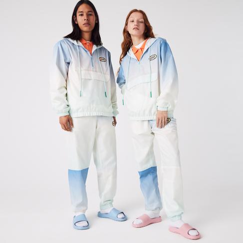  Lacoste L!VE Unisex Kapüşonlu Baskılı Mavi Ceket