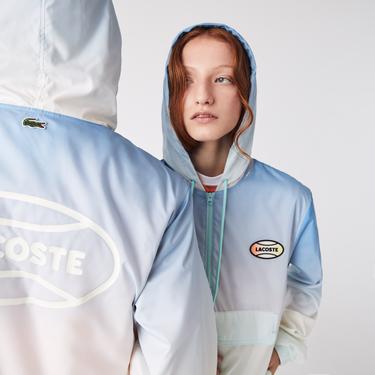  Lacoste L!VE Unisex Kapüşonlu Baskılı Mavi Ceket