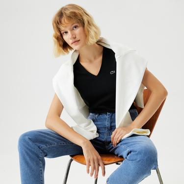  Kadın Slim Fit V Yaka Siyah T-Shirt