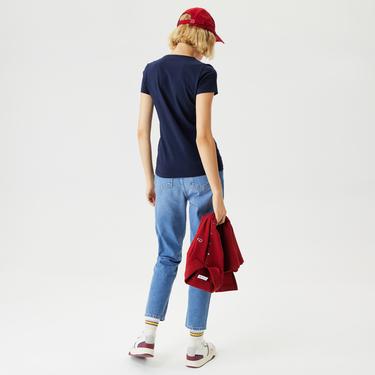  Kadın Slim Fit V Yaka Lacivert T-Shirt