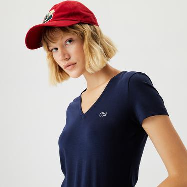  Kadın Slim Fit V Yaka Lacivert T-Shirt