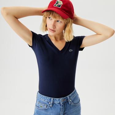  Kadın Slim Fit V Yaka Lacivert T-Shirt