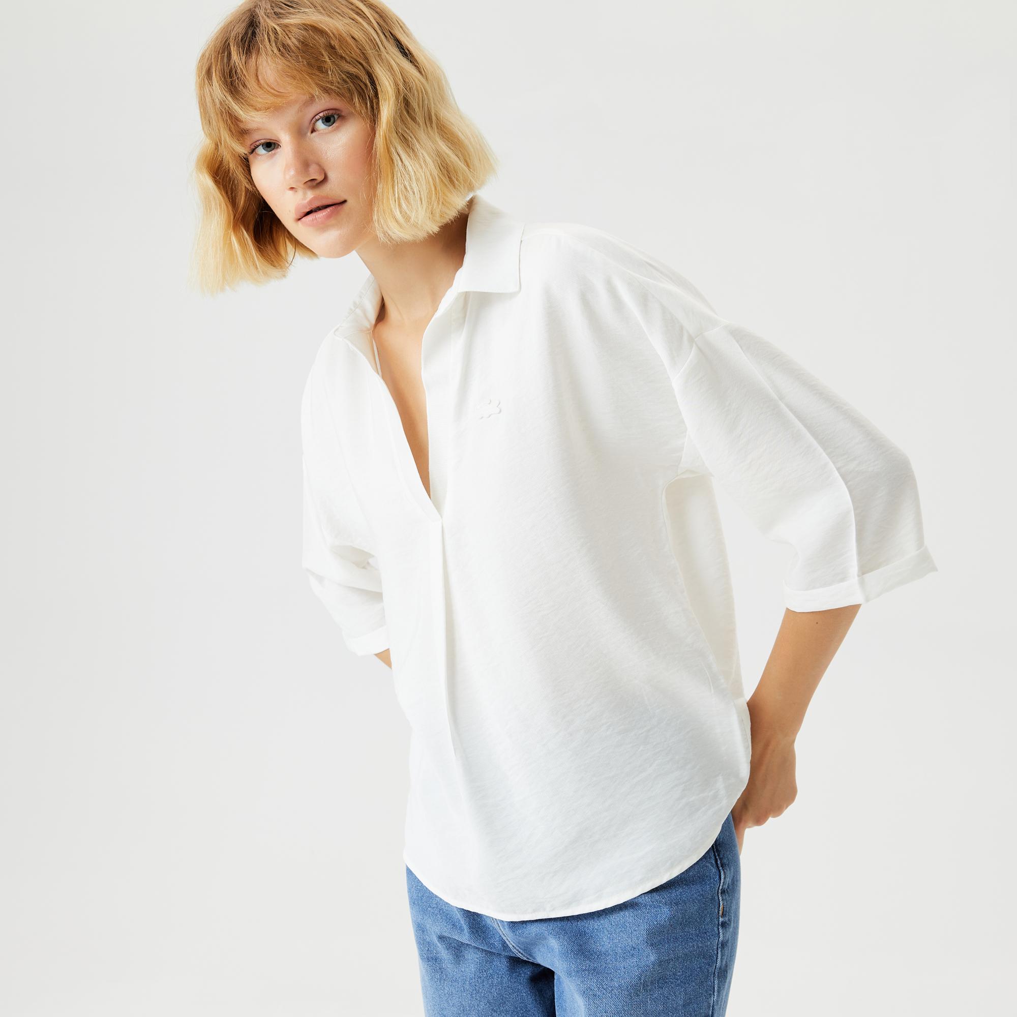 Kadın Regular Fit Truvakar Kollu V Yaka Beyaz Bluz