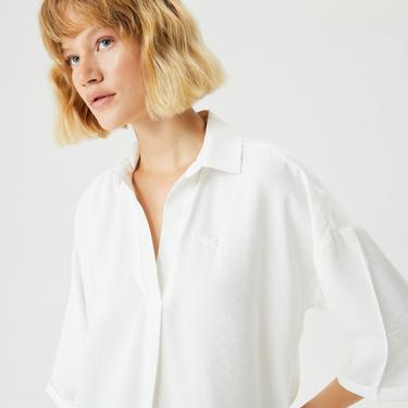  Kadın Regular Fit Truvakar Kollu V Yaka Beyaz Bluz