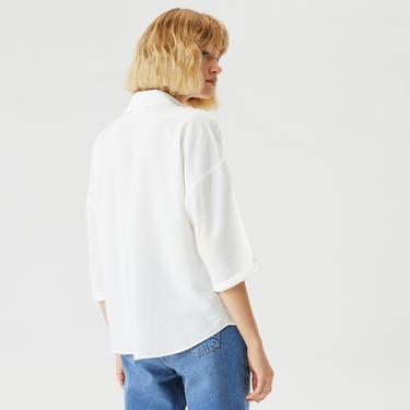  Kadın Regular Fit Truvakar Kollu V Yaka Beyaz Bluz