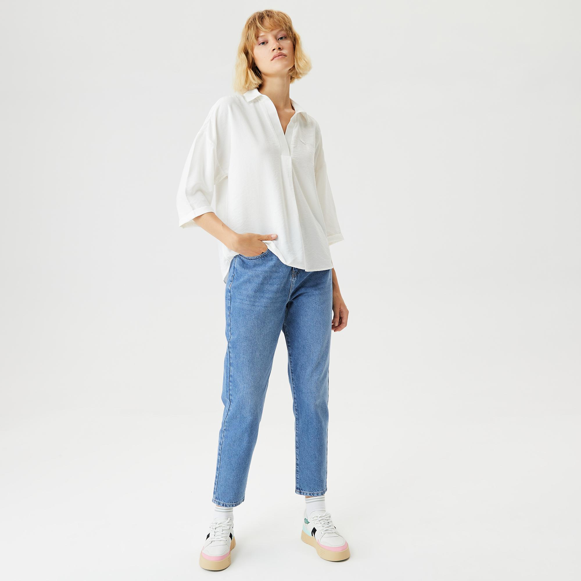 Kadın Regular Fit Truvakar Kollu V Yaka Beyaz Bluz