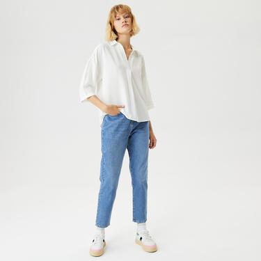  Kadın Regular Fit Truvakar Kollu V Yaka Beyaz Bluz