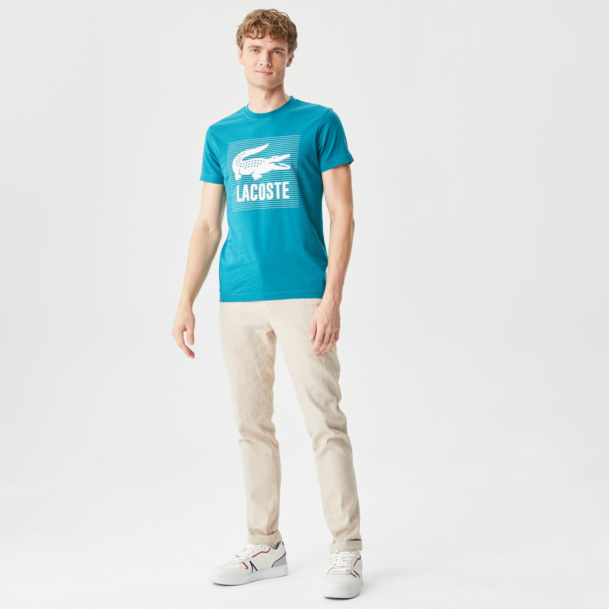 Lacoste Erkek Slim Fit Bisiklet Yaka Baskılı Mavi T-Shirt