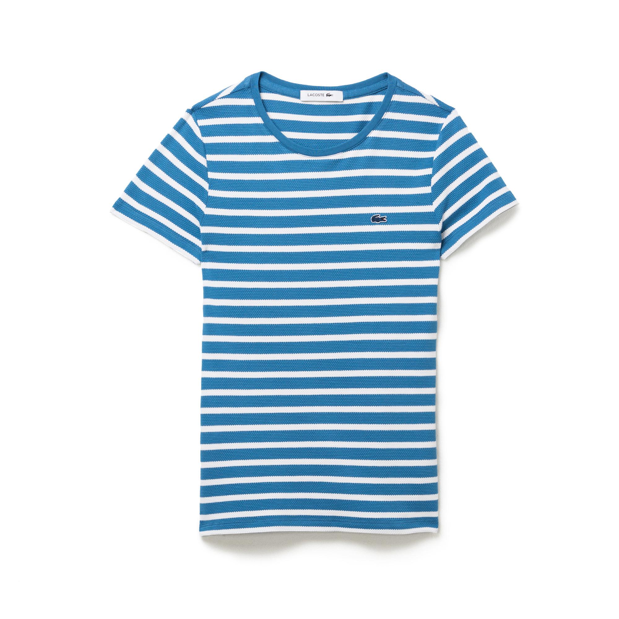 Kadın Slim Fit Bisiklet Yaka Çizgili Mavi T-Shirt