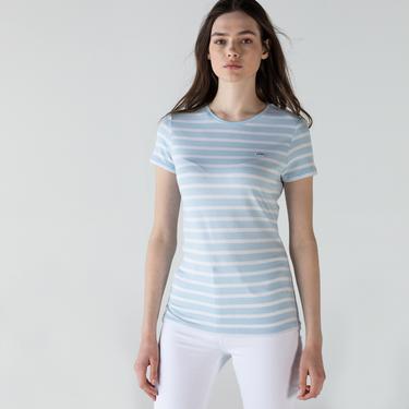  Kadın Slim Fit Bisiklet Yaka Çizgili Mavi T-Shirt