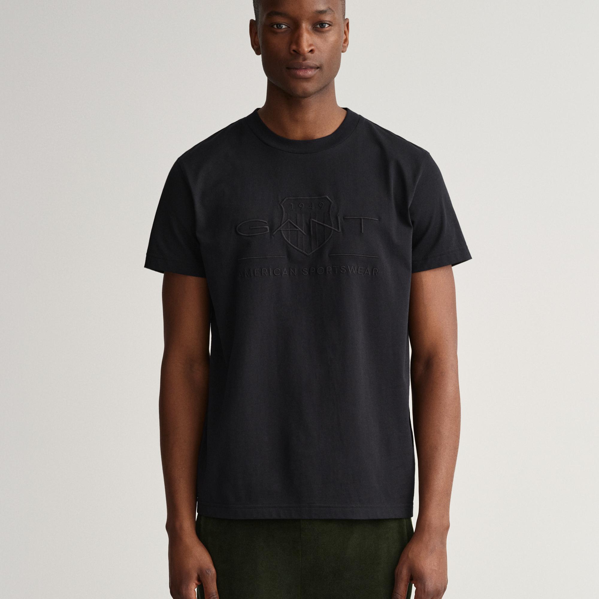 GANT Erkek Siyah Regular Fit Bisiklet Yaka Logolu T-Shirt