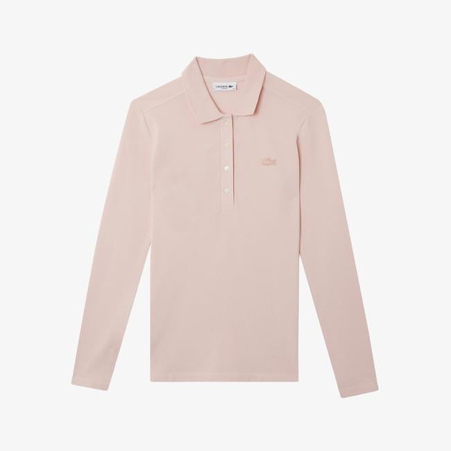  Kadın Slim Fit Uzun Kollu Pembe Polo