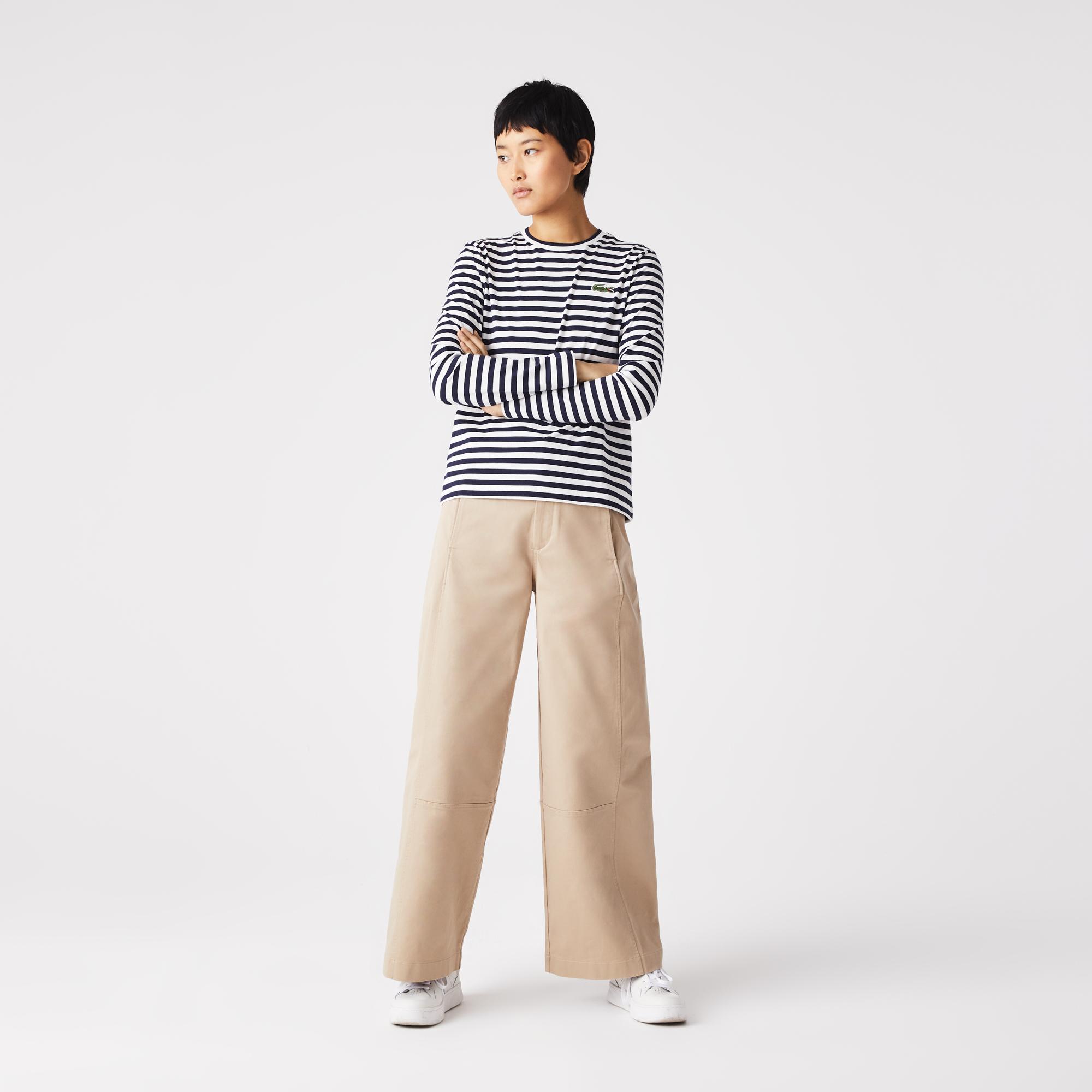 Kadın Regular Fit Uzun Kollu Bisiklet Yaka Çizgili Lacivert T-Shirt