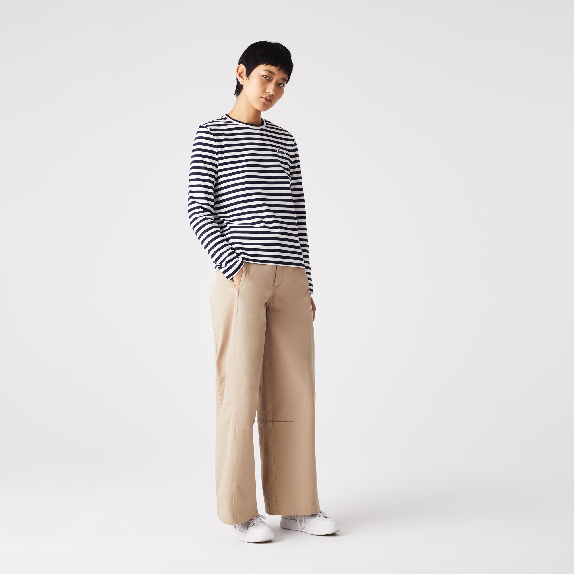 Kadın Regular Fit Uzun Kollu Bisiklet Yaka Çizgili Lacivert T-Shirt