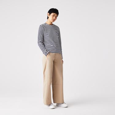  Kadın Regular Fit Uzun Kollu Bisiklet Yaka Çizgili Lacivert T-Shirt