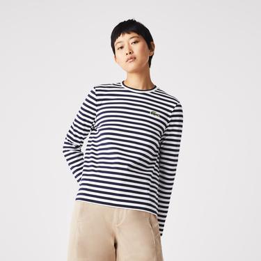  Kadın Regular Fit Uzun Kollu Bisiklet Yaka Çizgili Lacivert T-Shirt