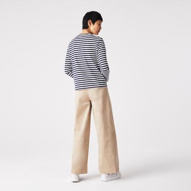  Kadın Regular Fit Uzun Kollu Bisiklet Yaka Çizgili Lacivert T-Shirt