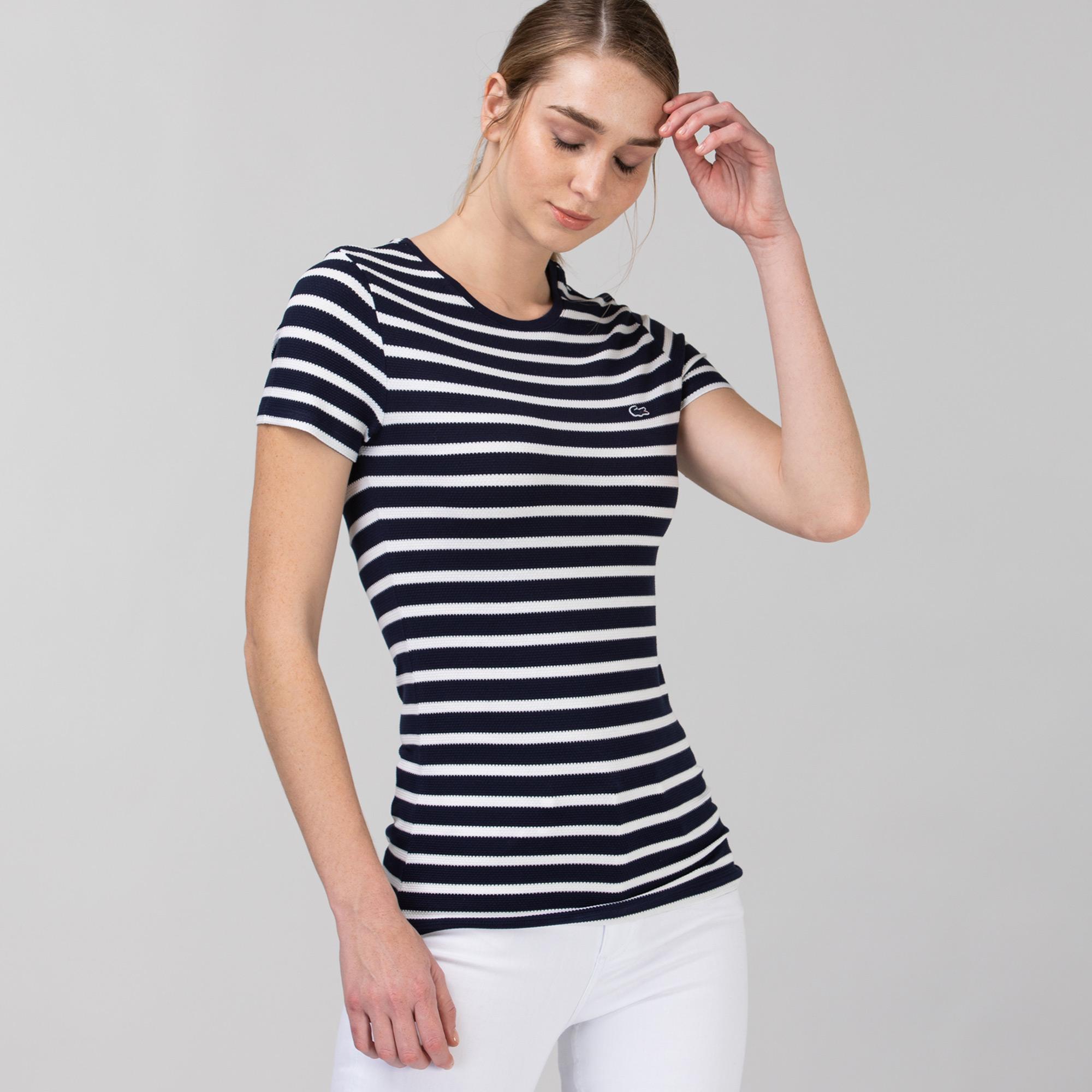 Lacoste Kadın Slim Fit Bisiklet Yaka Çizgili Lacivert T-Shirt