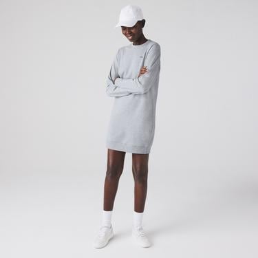  Lacoste Kadın Loose Fit Uzun Kollu Bisiklet Yaka Desenli Gri Elbise