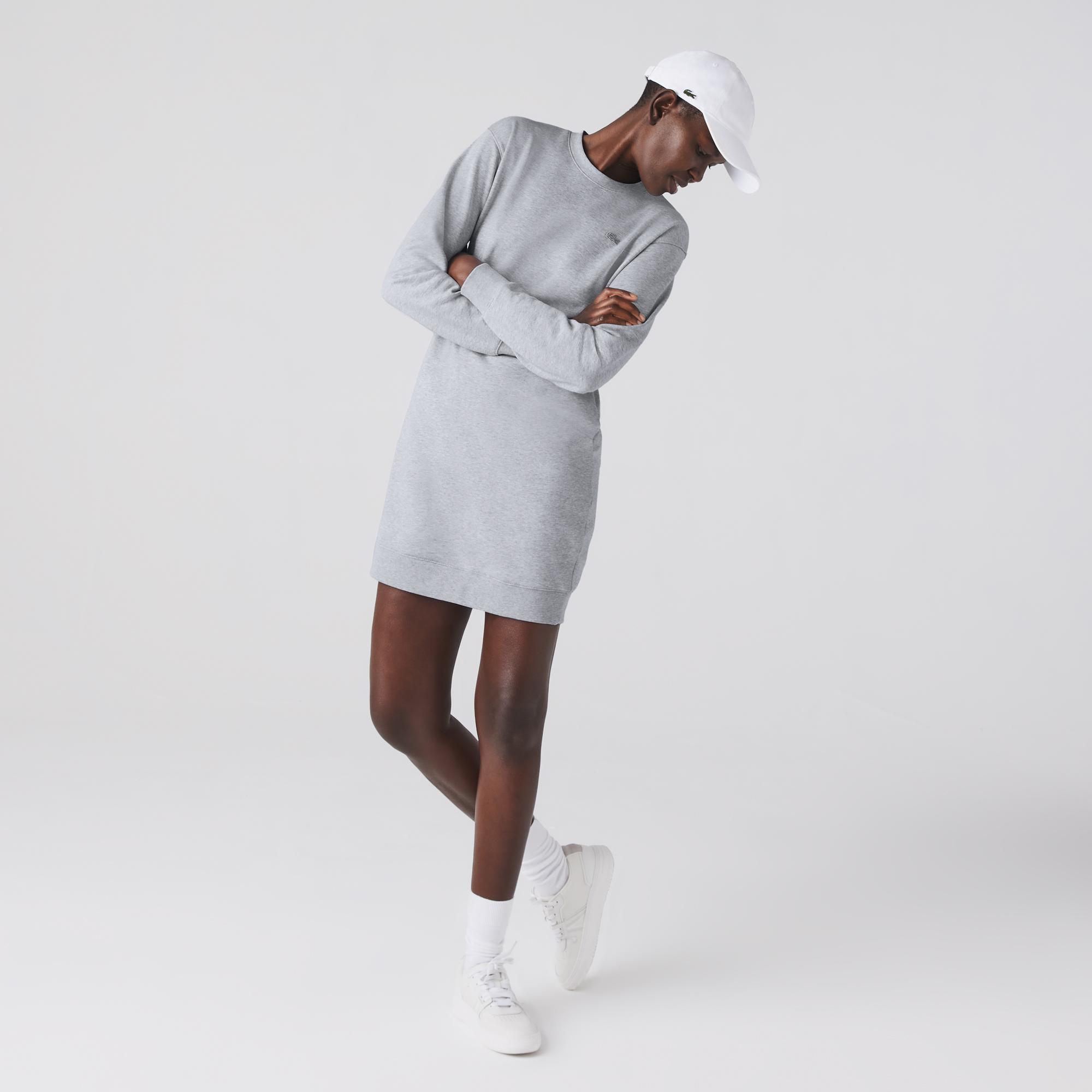 Lacoste Kadın Loose Fit Uzun Kollu Bisiklet Yaka Desenli Gri Elbise