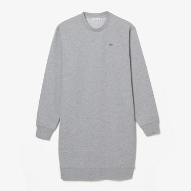  Lacoste Kadın Loose Fit Uzun Kollu Bisiklet Yaka Desenli Gri Elbise