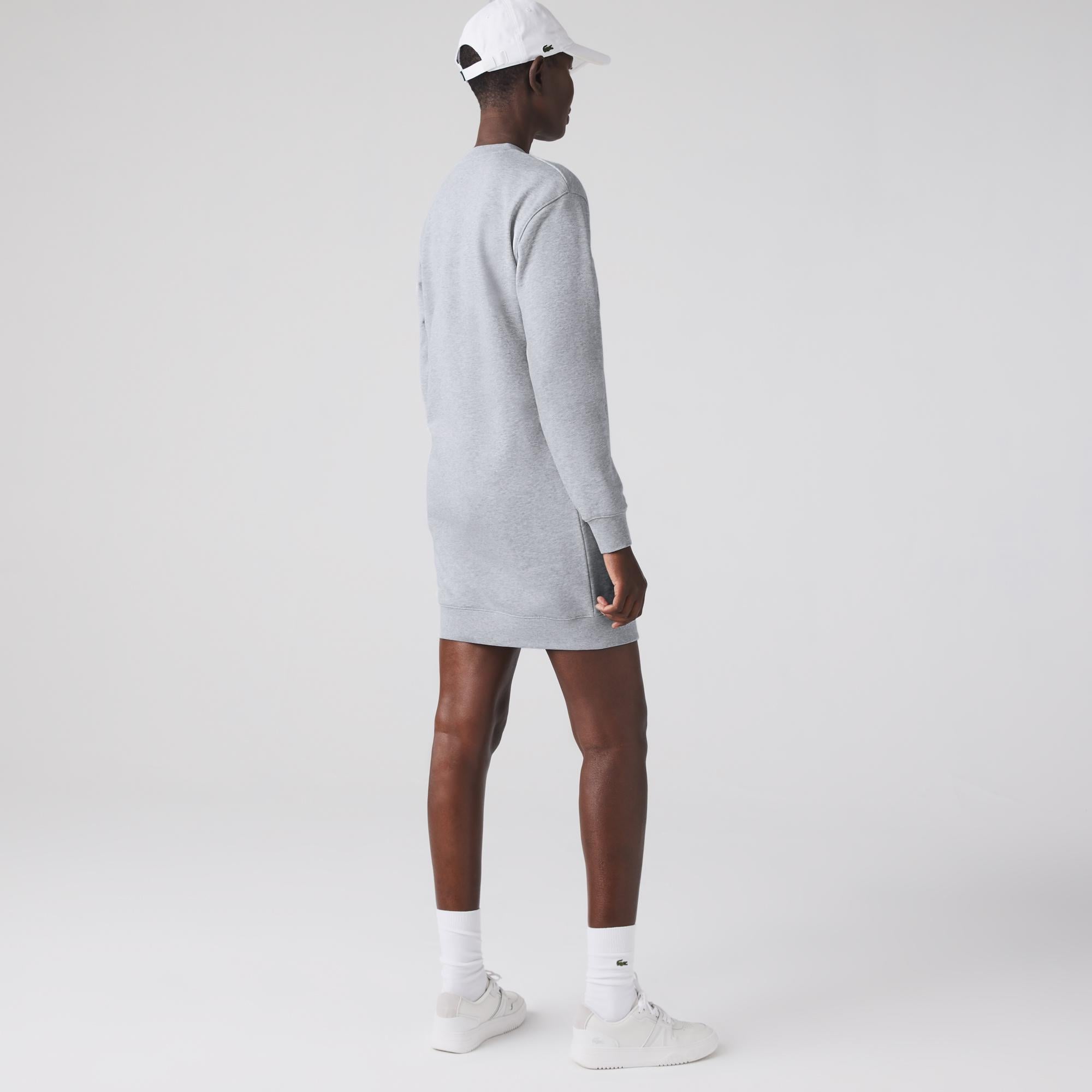 Lacoste Kadın Loose Fit Uzun Kollu Bisiklet Yaka Desenli Gri Elbise