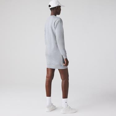  Lacoste Kadın Loose Fit Uzun Kollu Bisiklet Yaka Desenli Gri Elbise