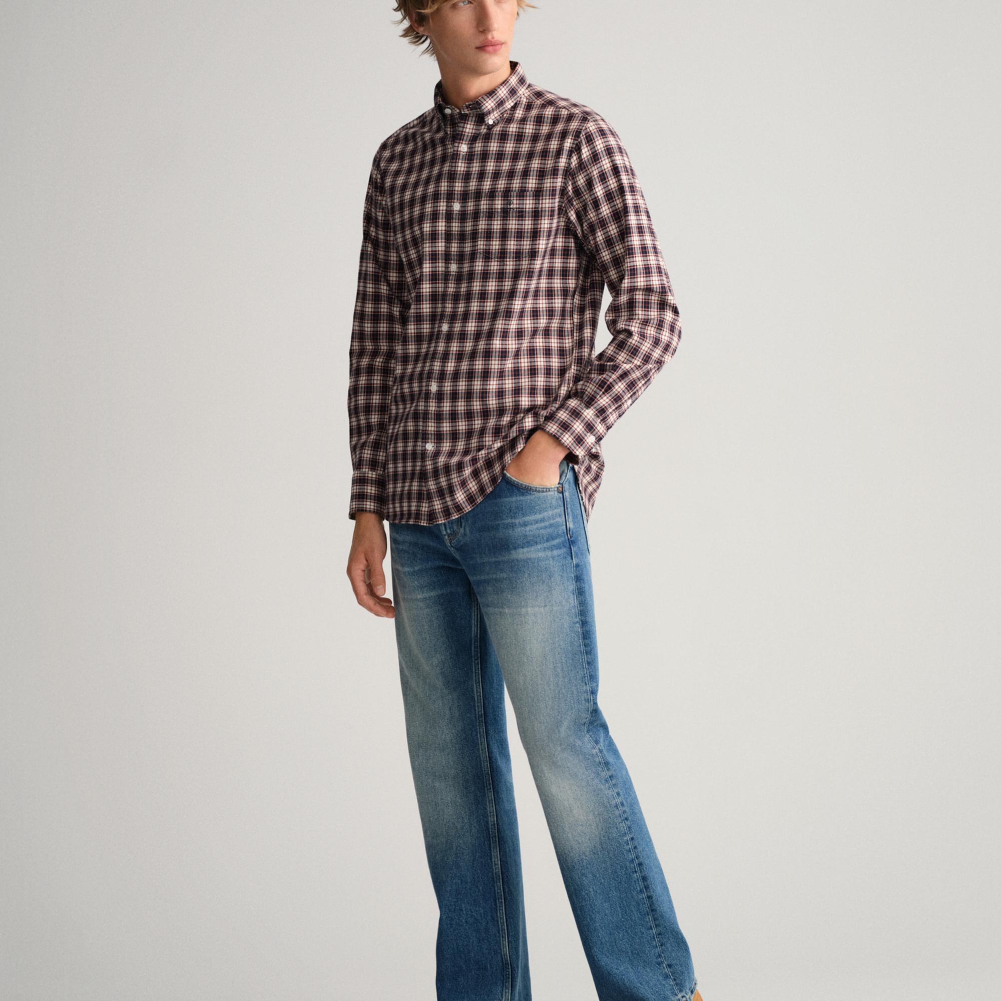 Gant Erkek Bordo Regular Fit Düğmeli Yaka Kareli Gömlek