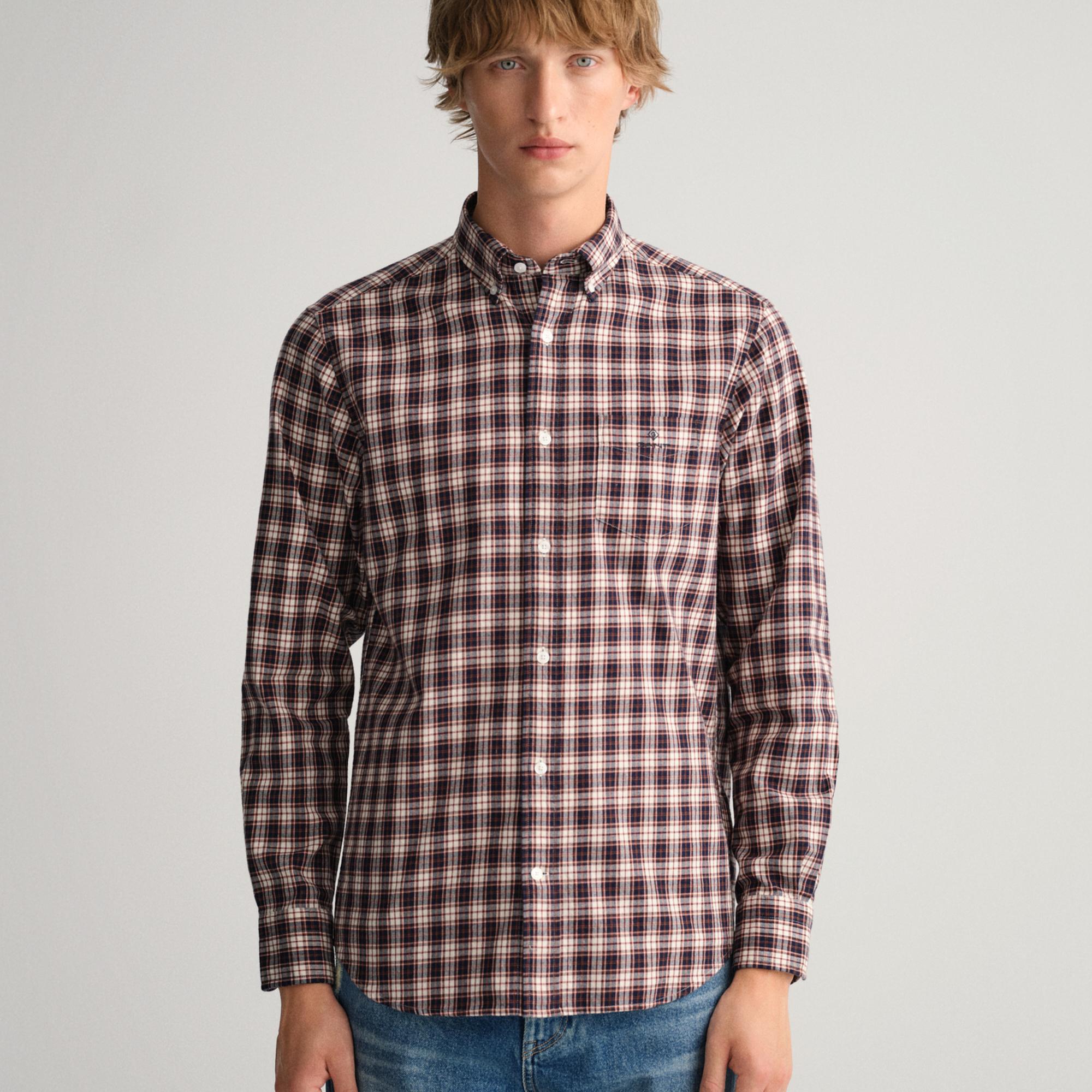 Gant Erkek Bordo Regular Fit Düğmeli Yaka Kareli Gömlek