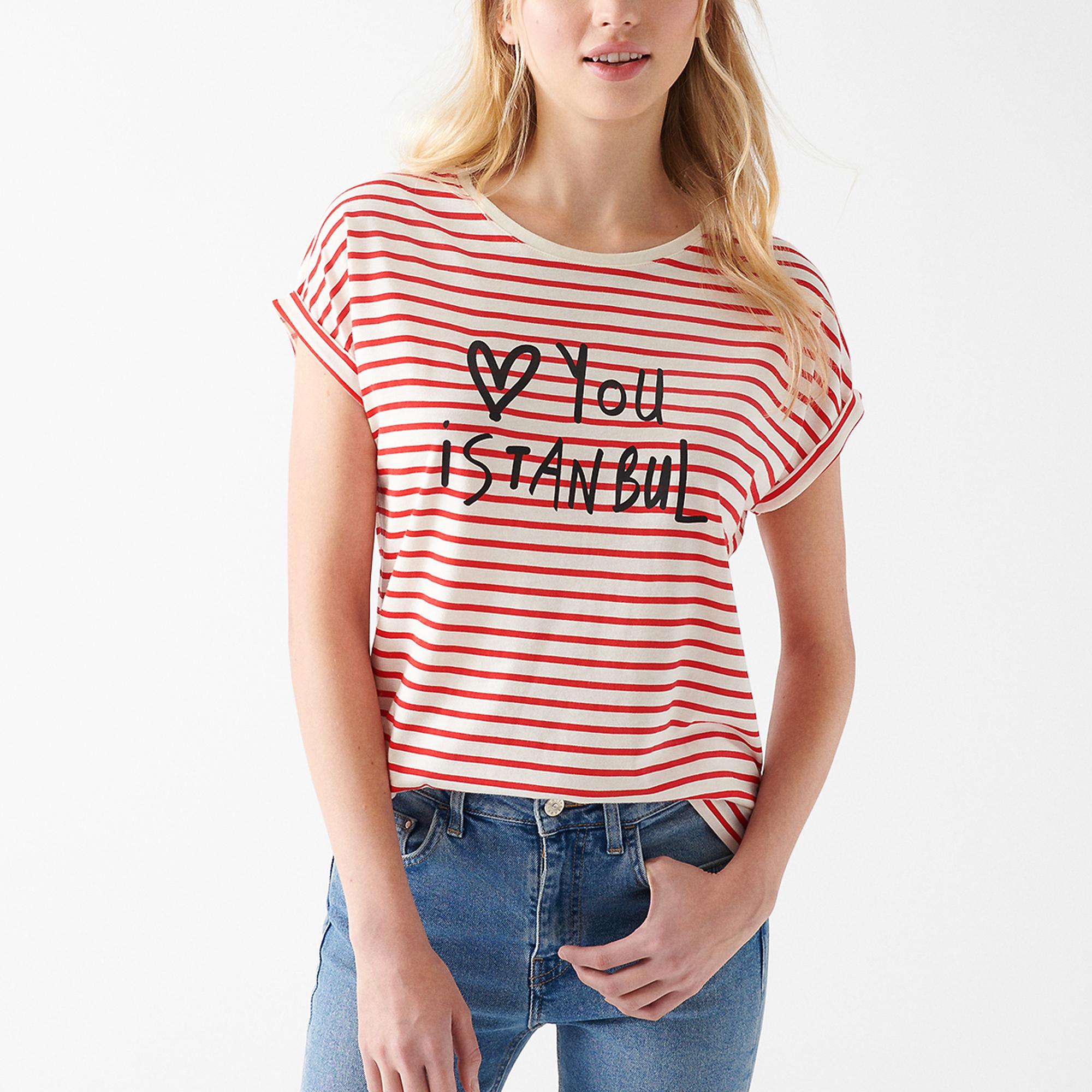 Mavi Love You Baskılı Çizgili Istanbul Tişört Slim Fit / Dar Kesim 167986-26829