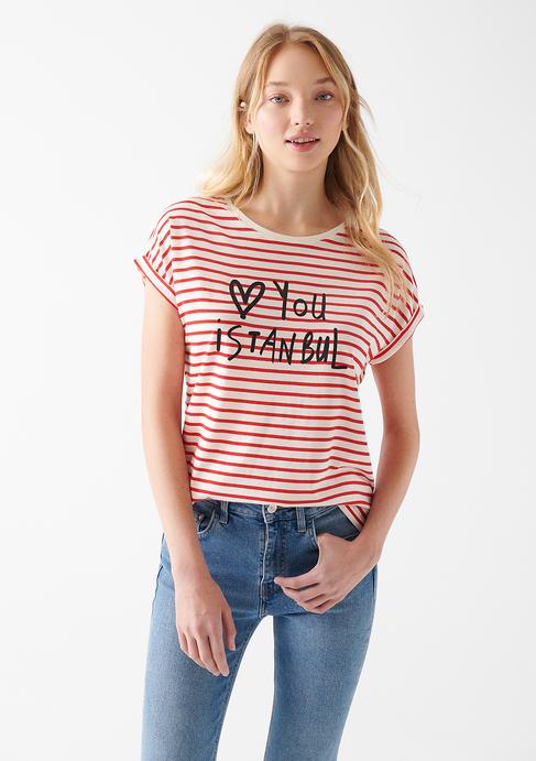  Mavi Love You Baskılı Çizgili Istanbul Tişört Slim Fit / Dar Kesim 167986-26829