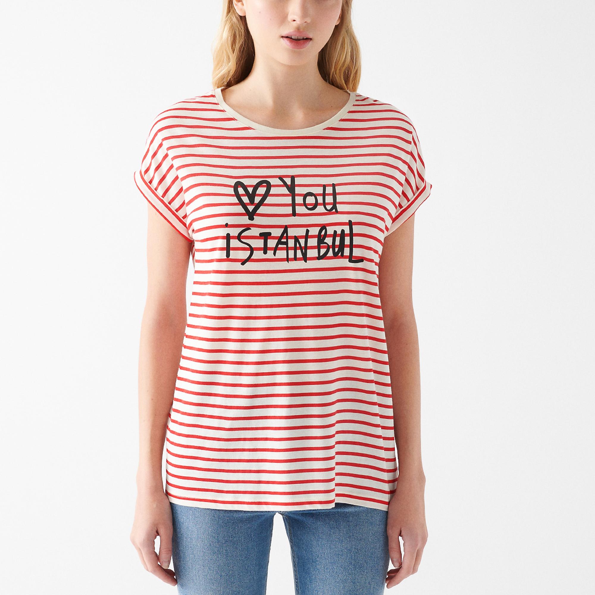 Mavi Love You Baskılı Çizgili Istanbul Tişört Slim Fit / Dar Kesim 167986-26829