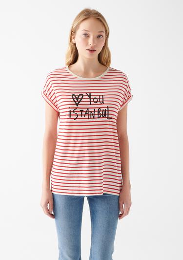  Mavi Love You Baskılı Çizgili Istanbul Tişört Slim Fit / Dar Kesim 167986-26829