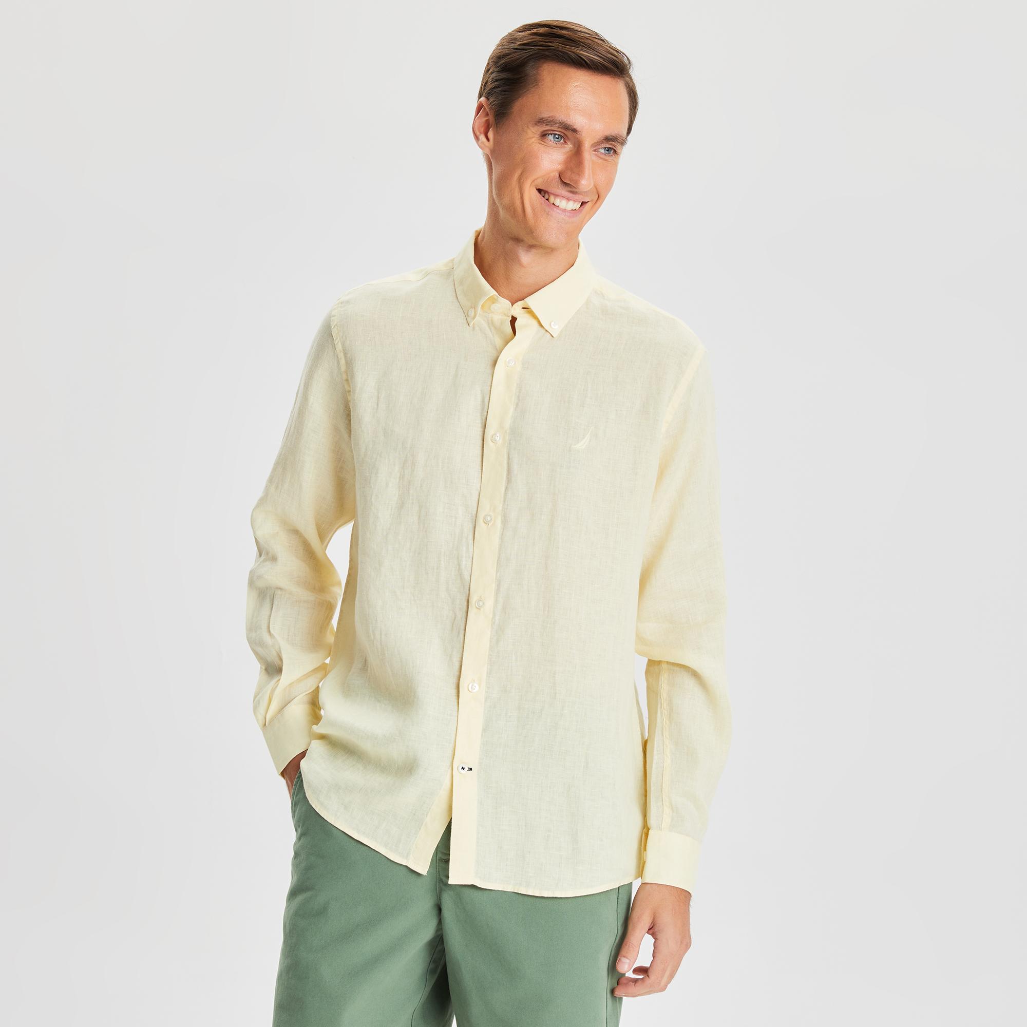 Nautica Erkek Sarı Classic Fit Uzun Kollu Keten Gömlek