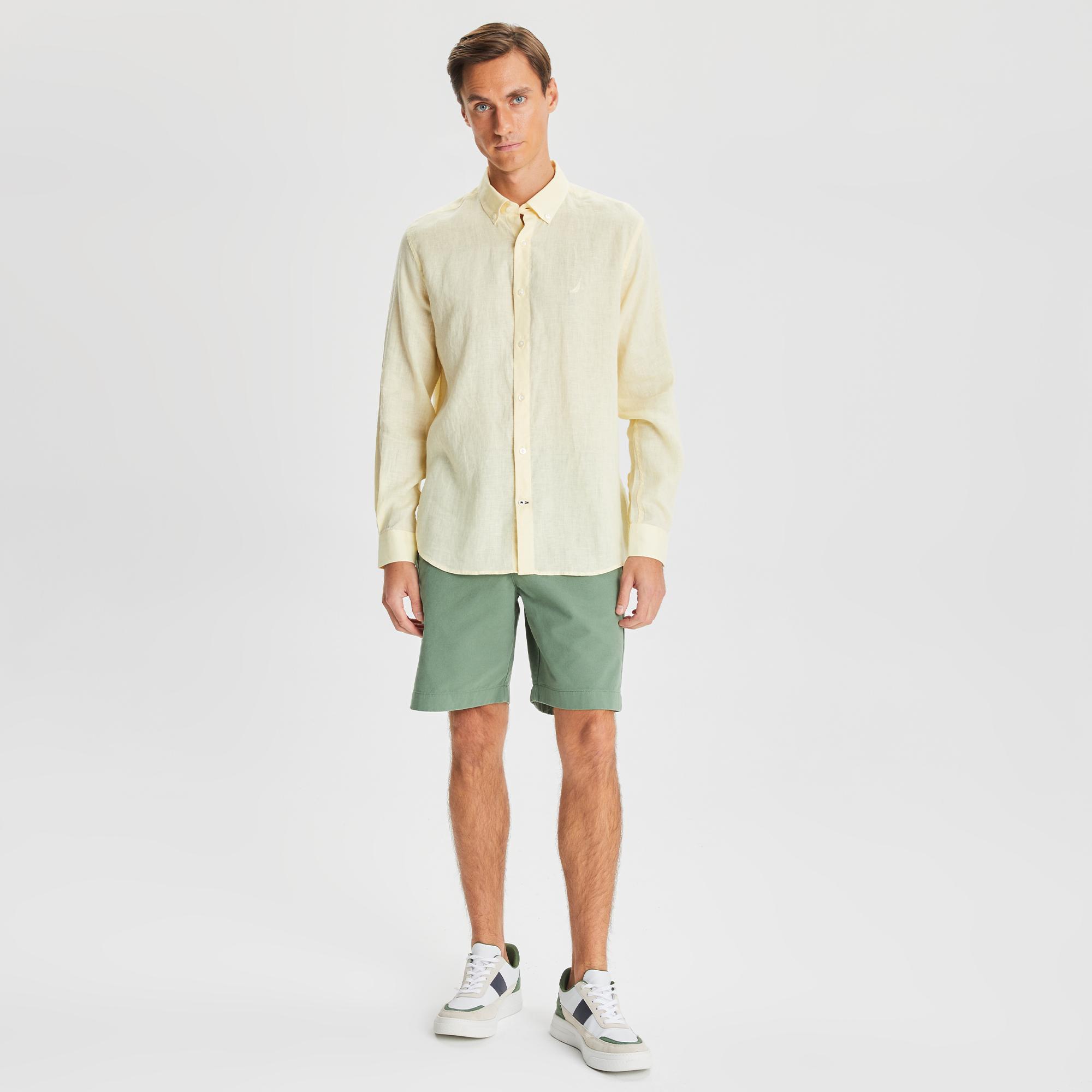 Nautica Erkek Sarı Classic Fit Uzun Kollu Keten Gömlek
