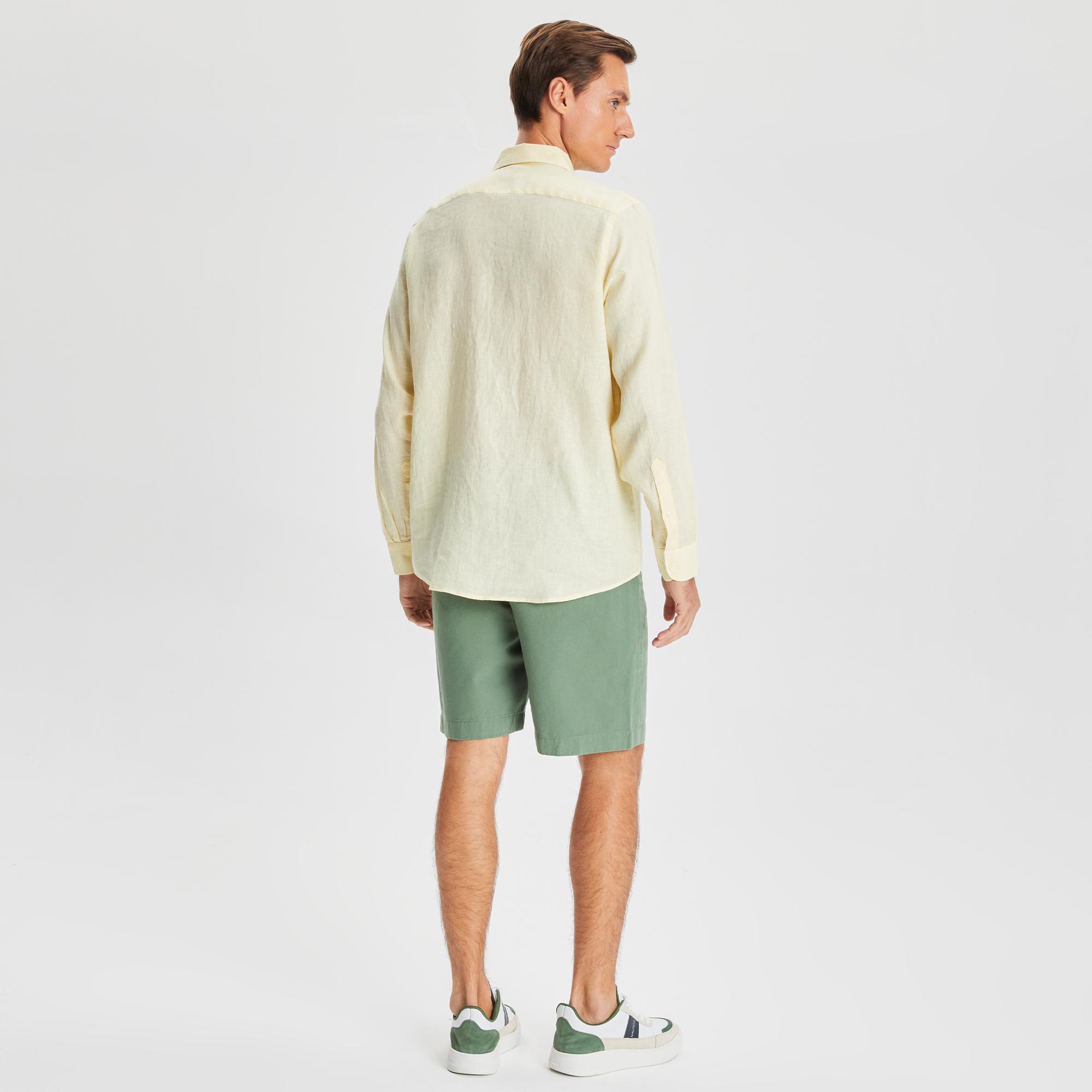 Nautica Erkek Sarı Classic Fit Uzun Kollu Keten Gömlek